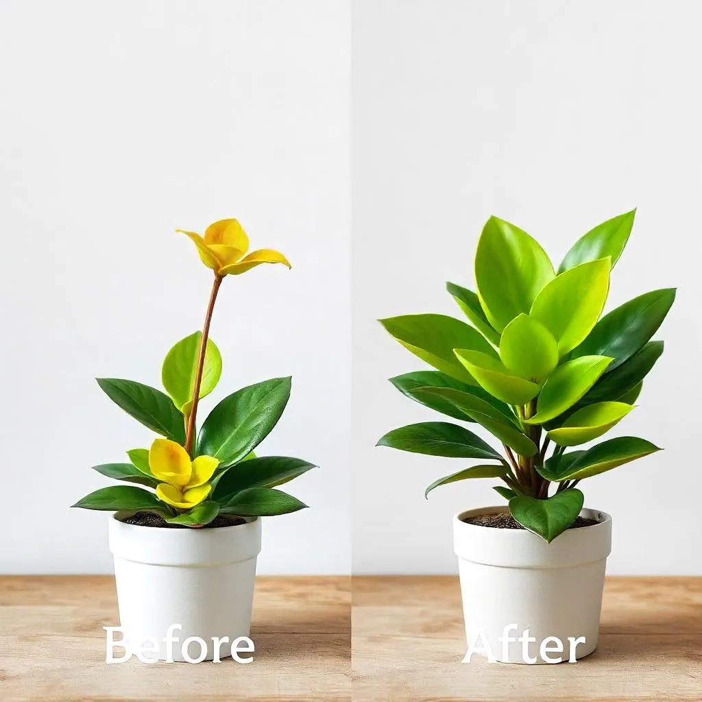 A before-and-after image of a Hoya plant that has recovered from yellow leaves, showcasing the improvement.