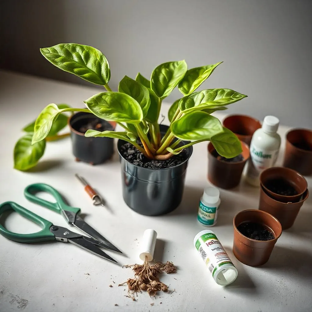 A visually appealing image of a healthy Hoya plant with various propagation tools (scissors, rooting hormone, small pots) laid out. This can set the tone for the step-by-step guide.