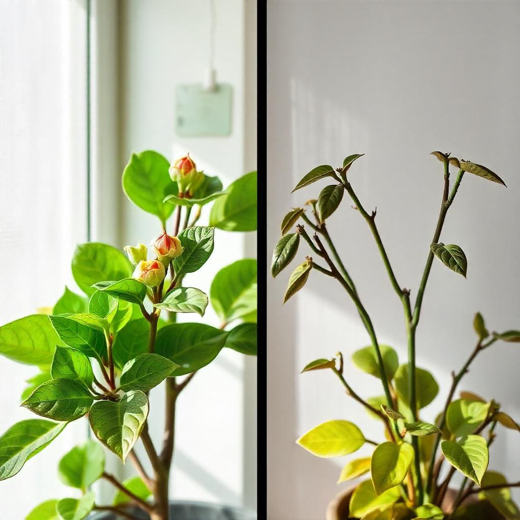A comparison image showing a Hoya plant in bright, indirect light versus one in low light. This visual can highlight the difference in plant health between the two conditions.