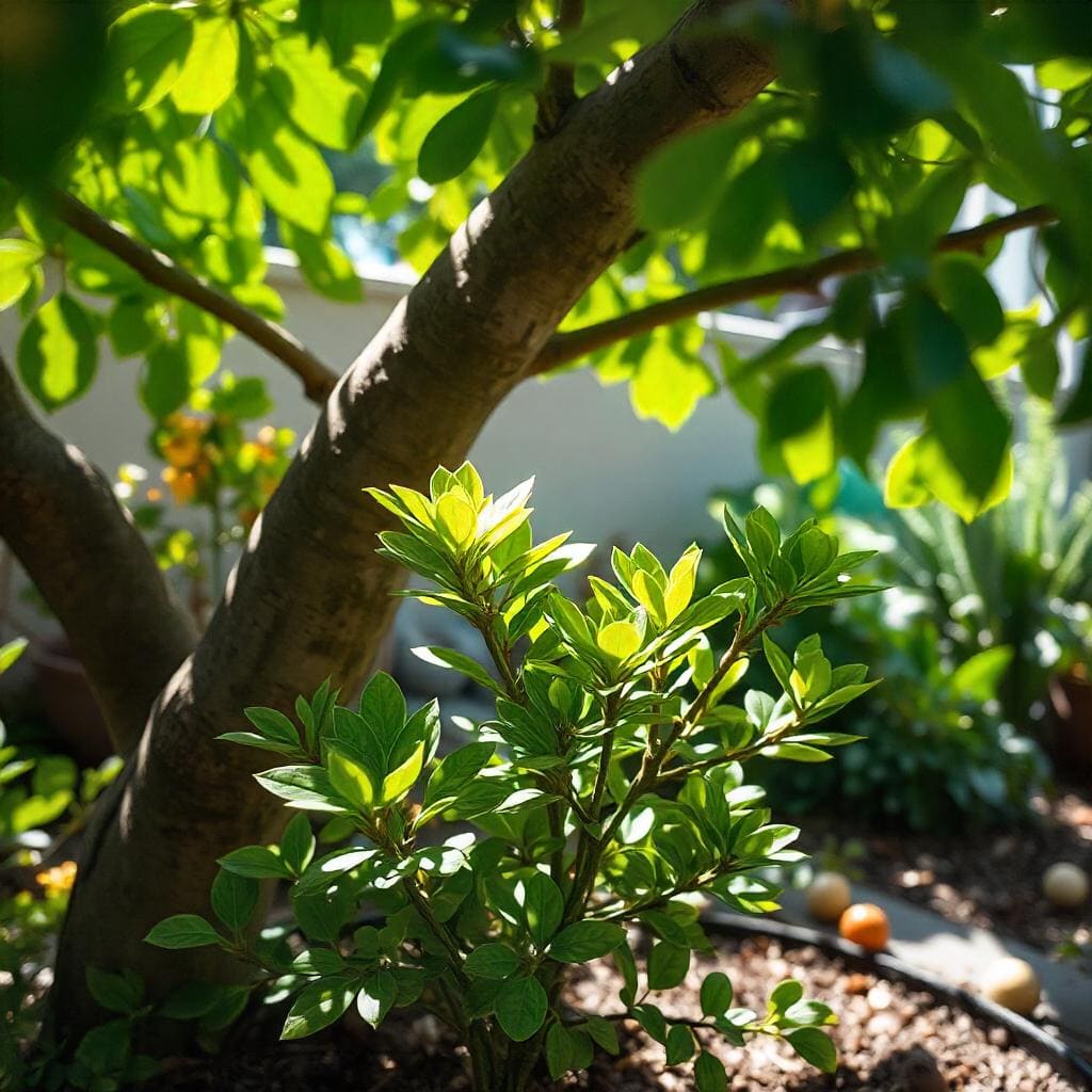 A photo showing an outdoor Hoya in dappled shade under a tree, illustrating the ideal outdoor environment