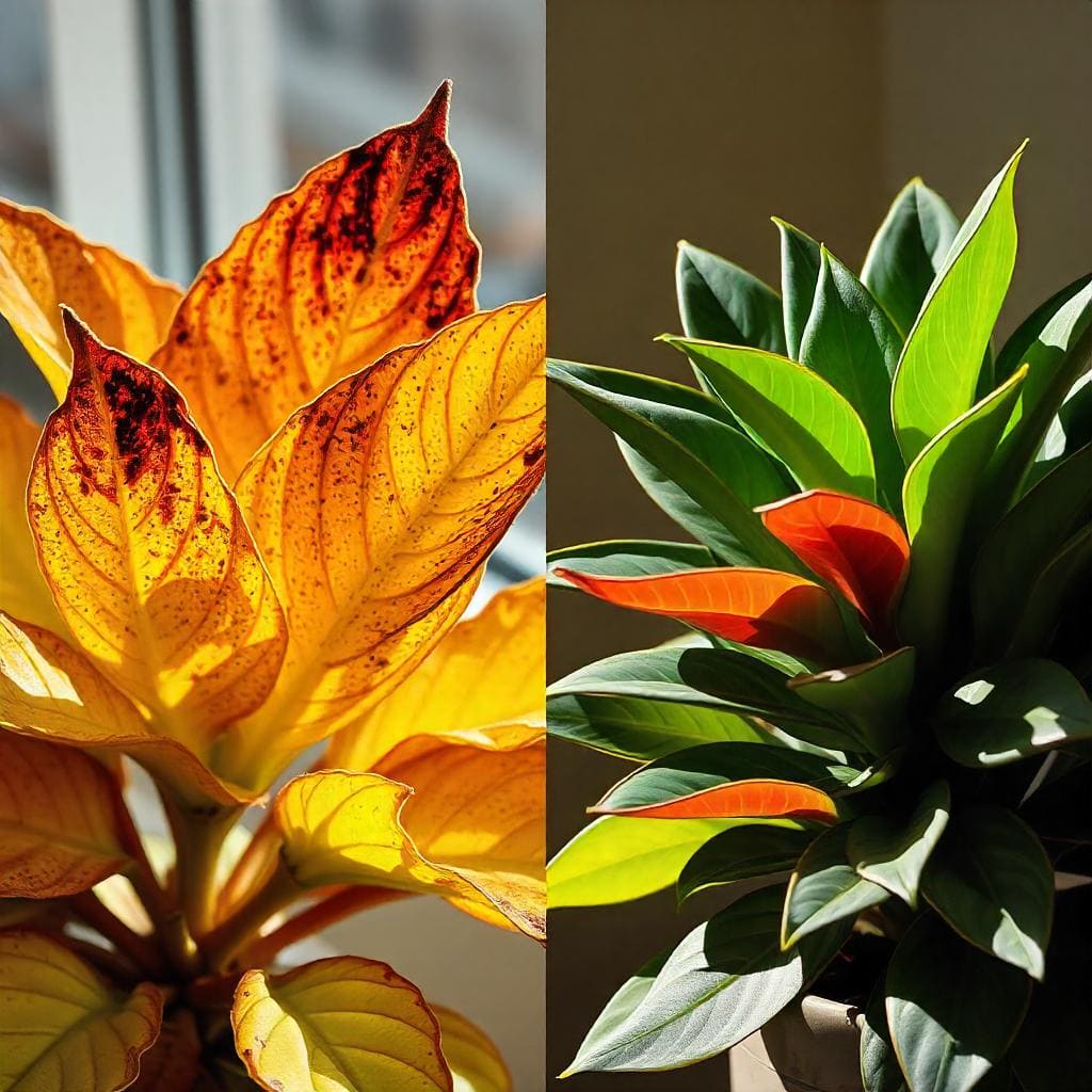 An image showing the effects of too much direct sunlight on a Hoya plant, alongside a healthy Hoya in ideal lighting.