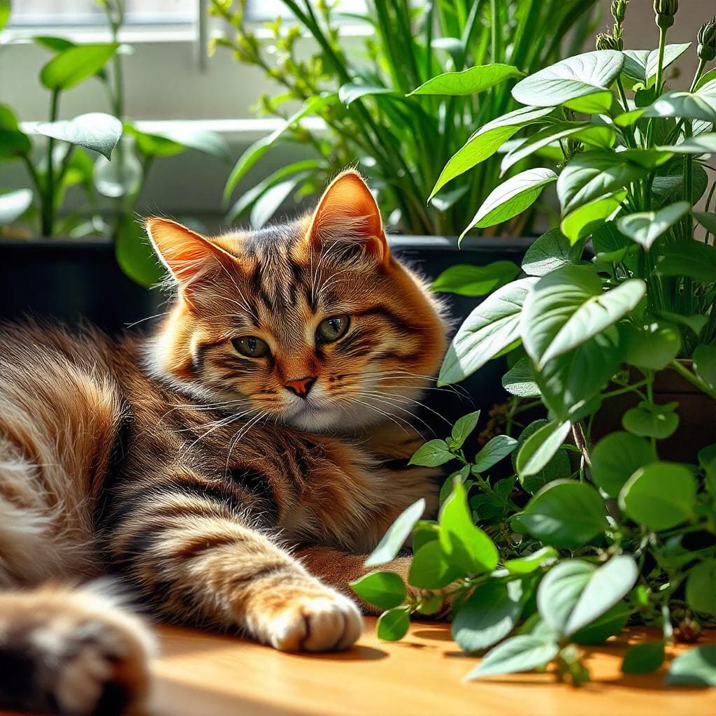 A heartwarming photo of a cat lounging near a collection of pet-safe plants, showcasing the peaceful coexistence of pets and indoor gardens.