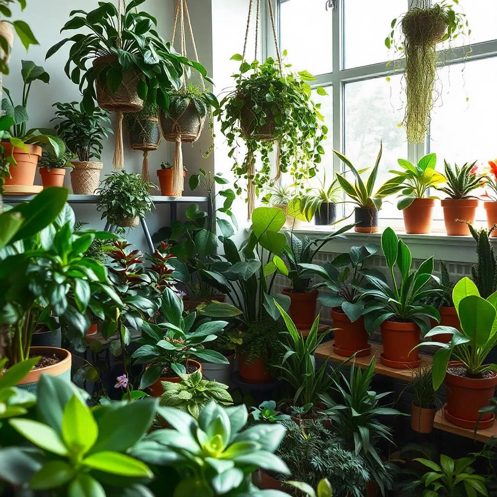 indoor scene featuring a diverse collection of houseplants. The plants should vary in size and type, including leafy greens, succulents, and flowering plants. Some plants should be hanging from macrame planters, while others are placed on shelves and in pots of different shapes and colors. Include a large window in the background with natural sunlight filtering through. The setting should feel cozy, vibrant, and filled with greenery, with a mix of textures from the various plant leaves and pots.