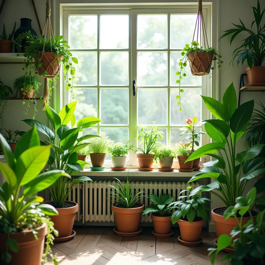 indoor scene featuring a diverse collection of houseplants. The plants should vary in size and type, including leafy greens, succulents, and flowering plants. Some plants should be hanging from macrame planters,