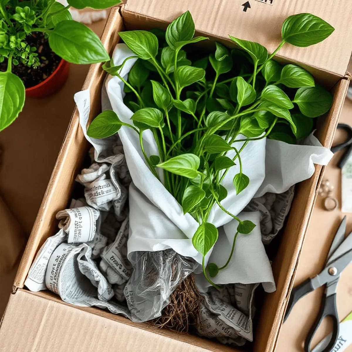 A securely packaged Hoya plant inside a cardboard box, with its vines wrapped in tissue paper and roots enclosed in damp paper towels and a plastic bag. The box is cushioned with crumpled newspaper to prevent movement and labeled with instructions reading 'Fragile,' 'Live Plant,' and 'This Side Up,' accompanied by arrows pointing upward. Packing materials, scissors, and tape are visible nearby, showcasing the careful shipping preparation process.