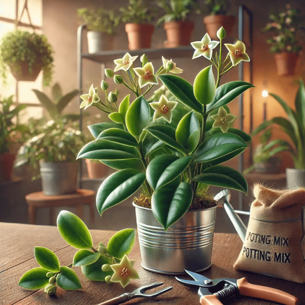 Close-up of a vibrant Hoya plant with glossy green leaves and star-shaped flowers in full bloom, surrounded by gardening tools including pruning shears, a small watering can, and a potting mix bag. The background features softly blurred houseplants, creating a warm and cozy indoor atmosphere