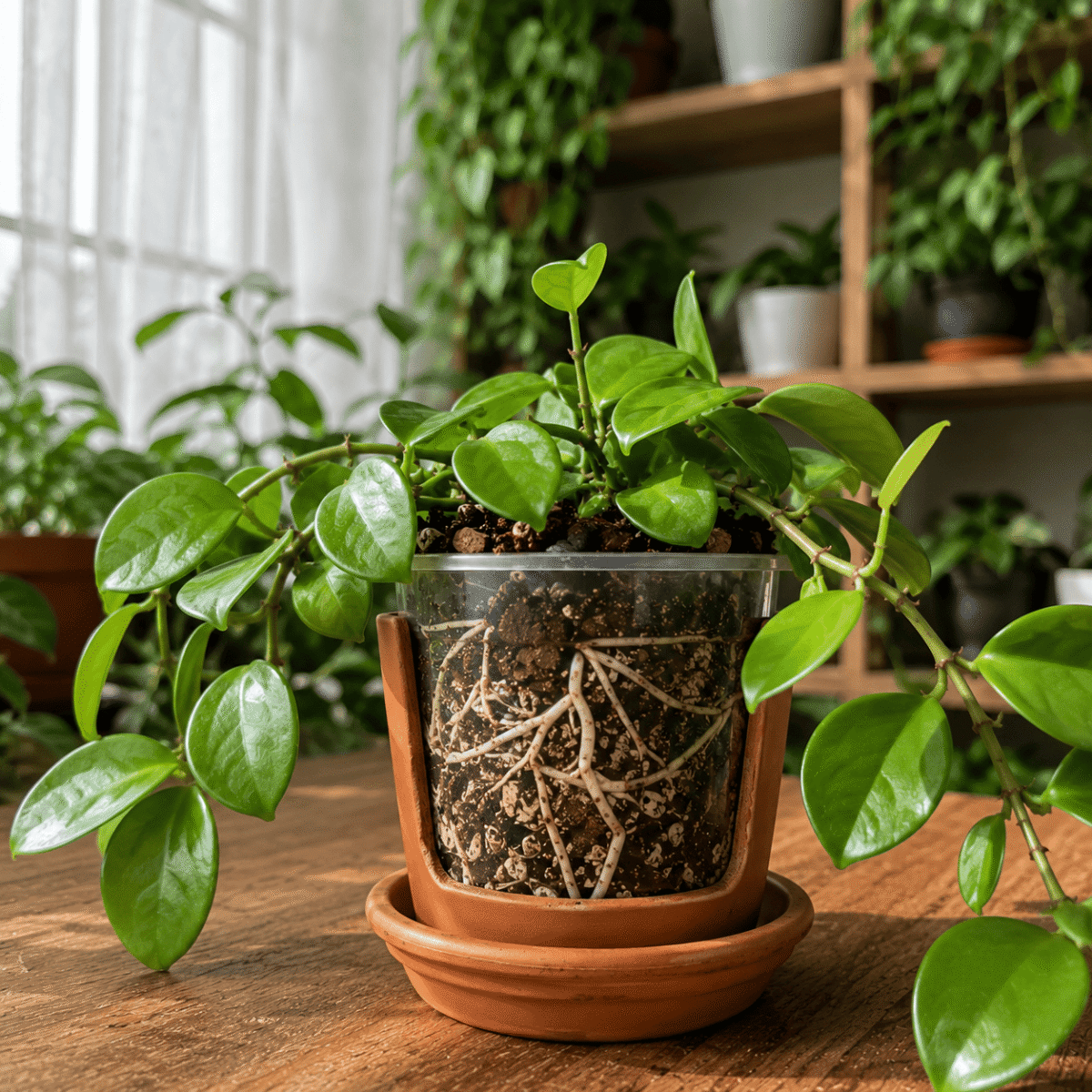 A healthy recovered Hoya carnosa growing in a small terracotta pot with fresh chunky soil
