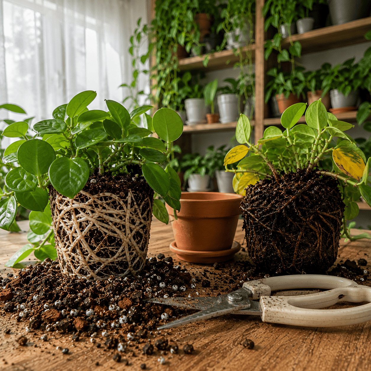 Split composition showing two Hoya carnosa plants in the same cozy indoor plant room