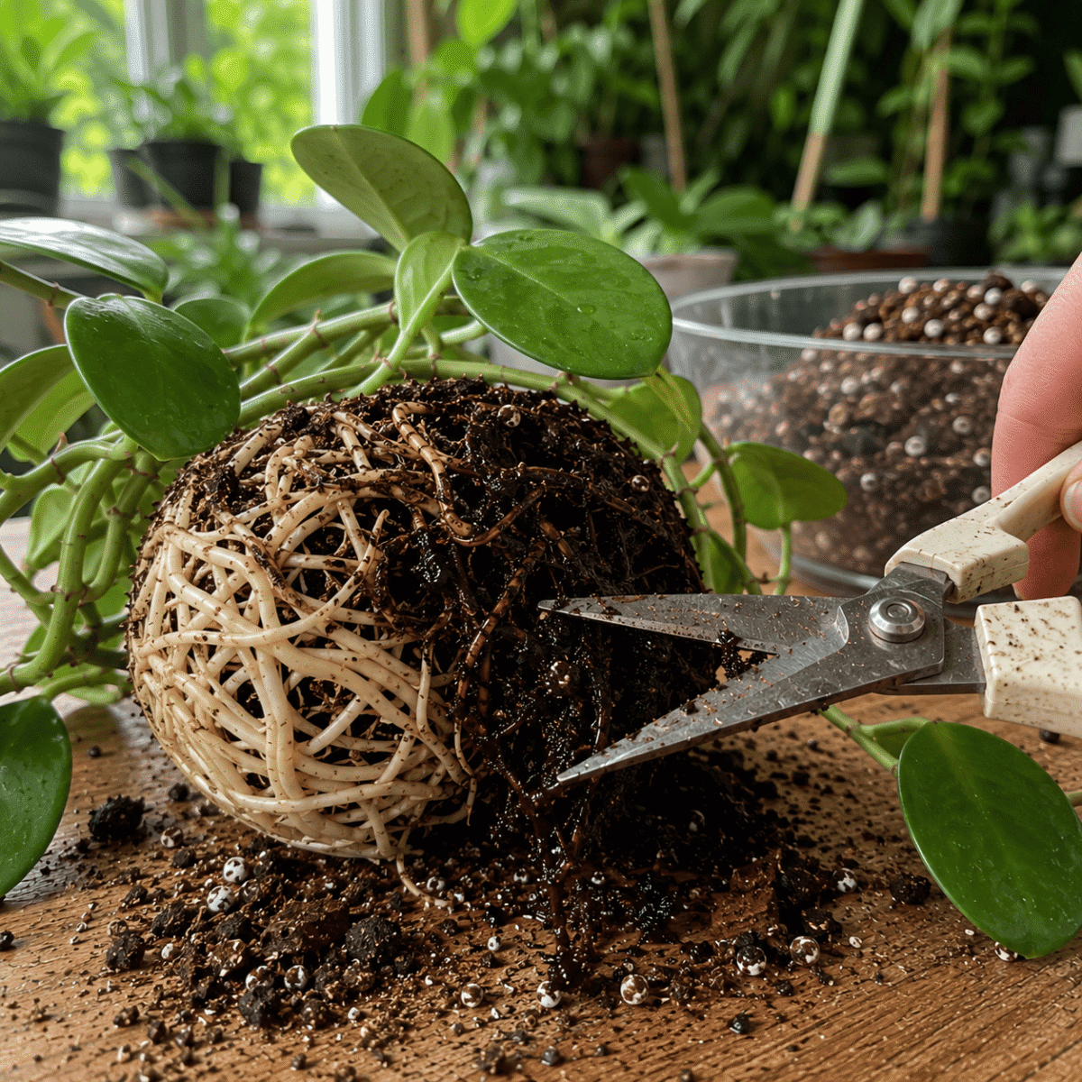 mushy roots from a Hoya carnosa while healthy white roots remain untouched